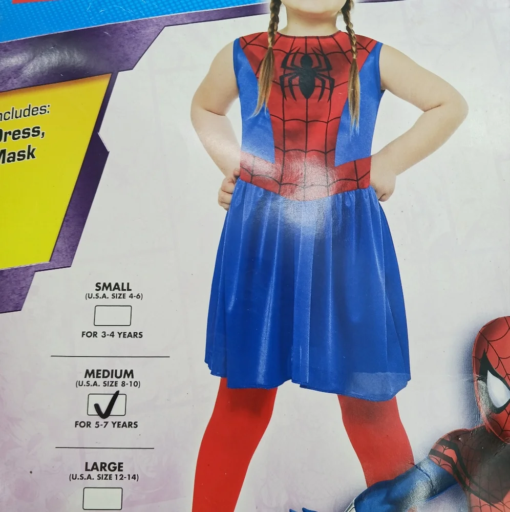Marvel Spider Girl Costume Girls Halloween Dress Mask Superhero Size M 5-7 Year
